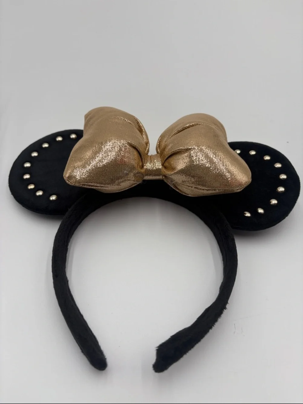 Gold Bow Minnie Mouse Ears Headband Black Studded Disney Inspired‎ NEW